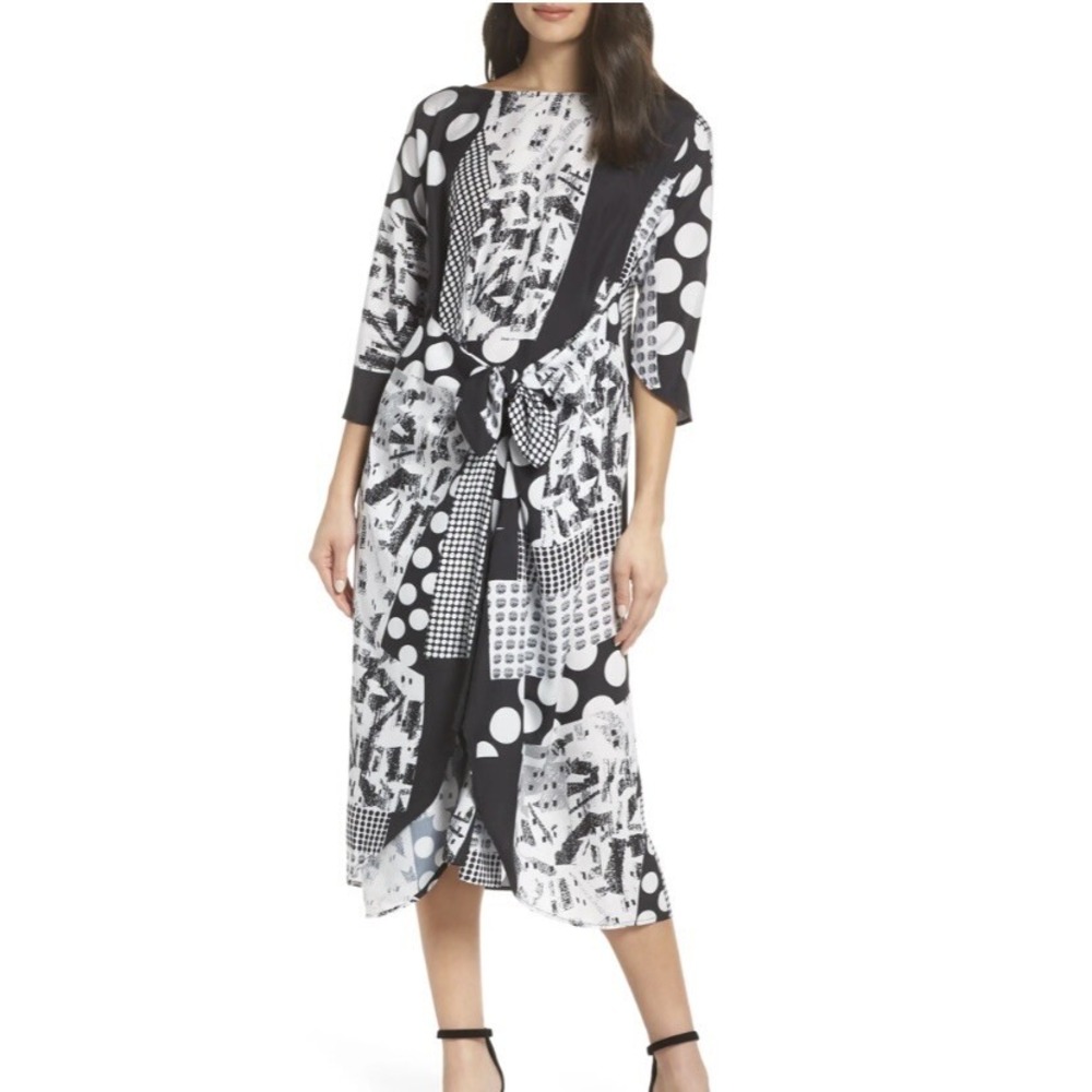Caara Krefeld Art to Wear Mixed Print Tie Front Midi Dress NWT M